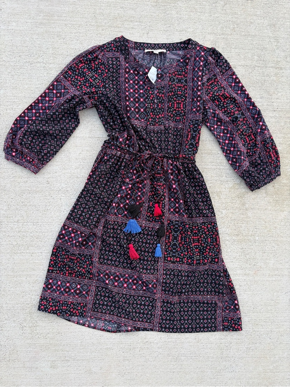 Boho Printed Tie-Waist Dress in Black and Red